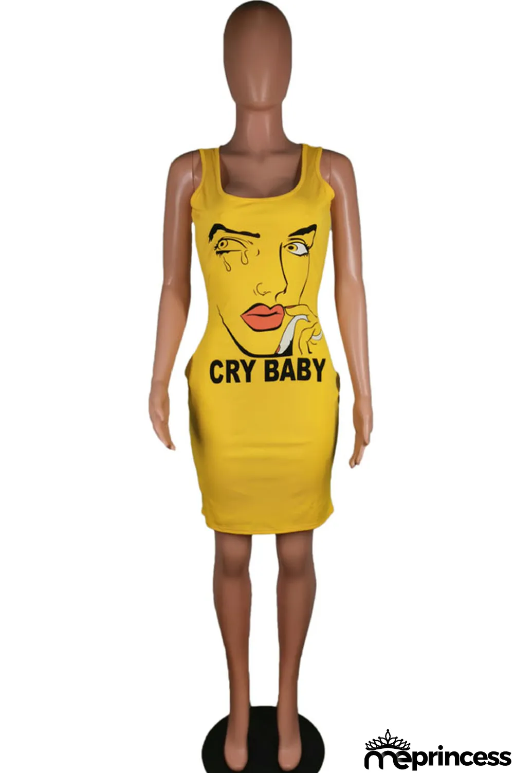 Pink Polyester Sexy White Green Pink Yellow Spaghetti Strap Sleeveless Slip Sheath Knee-Length Print Dresses