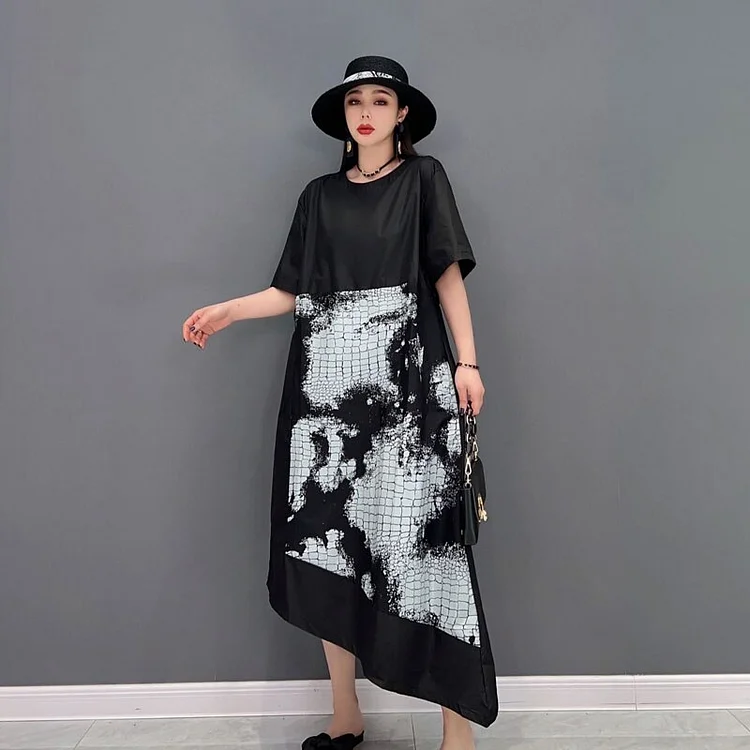 Fashion Loose Round Neck Print Short Sleeve Irregular Hem Dress 