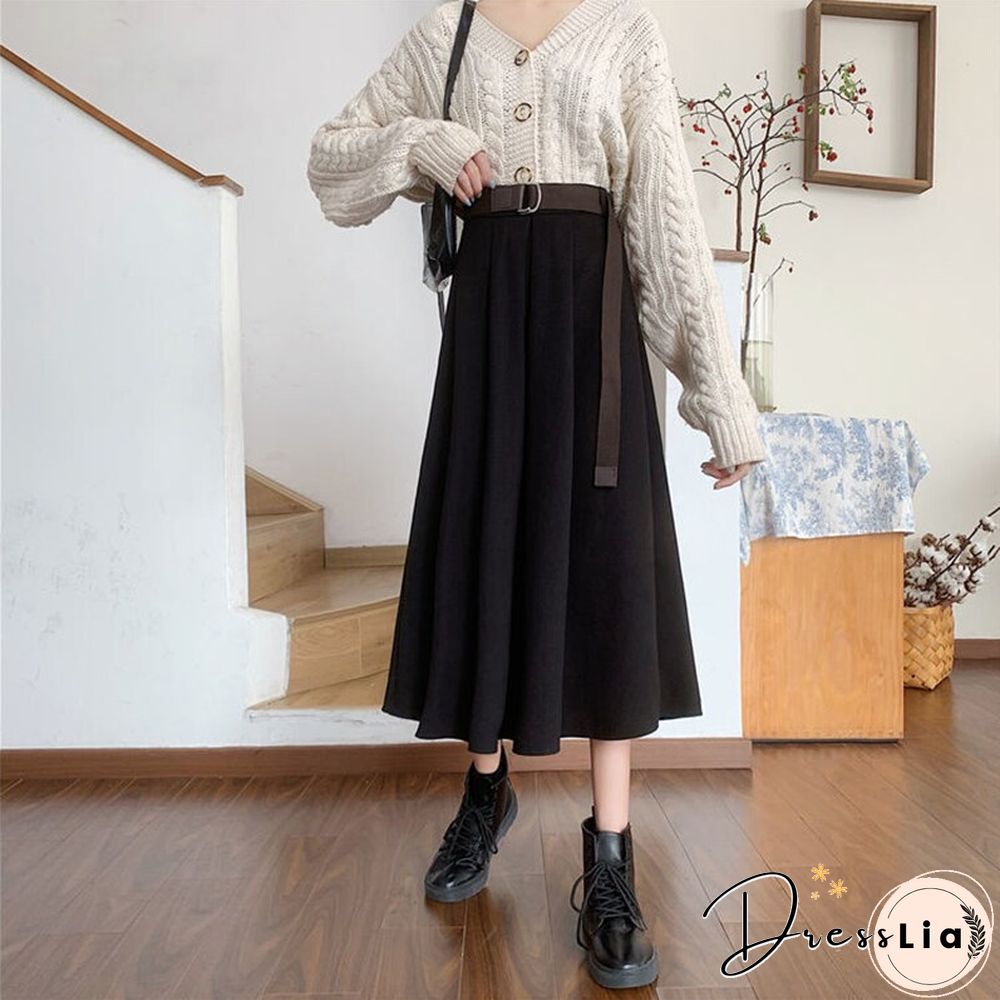 Solid Skirts Women Mid-calf High Waist Friends Korean Style Elegant College Spring Autumn All-match Jupe Mujer Faldas Female Ins