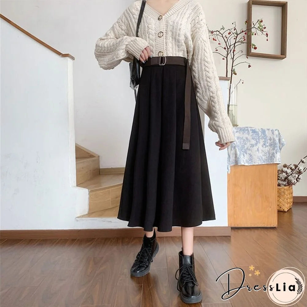Solid Skirts Women Mid-calf High Waist Friends Korean Style Elegant College Spring Autumn All-match Jupe Mujer Faldas Female Ins