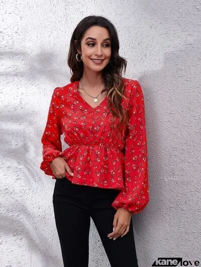 Floral V-Neck Balloon Sleeve Peplum Blouse