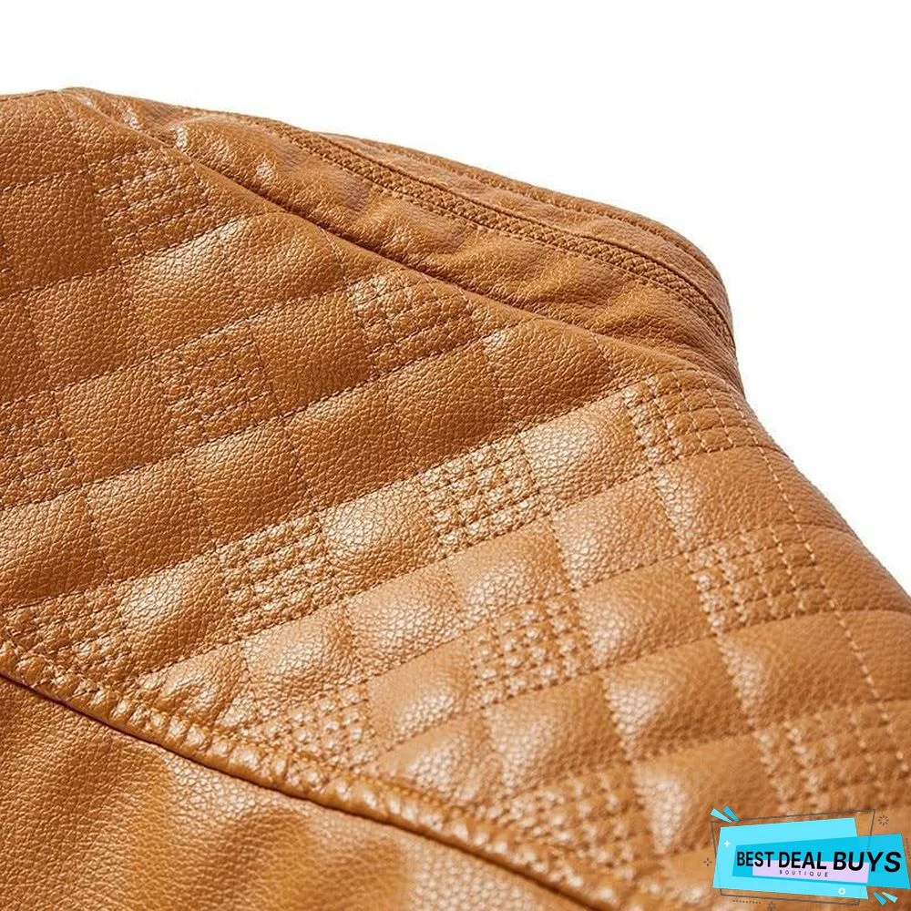 Mens Leather Jacket Fashion Vintage Leather Plus Size Stand Collar Coat