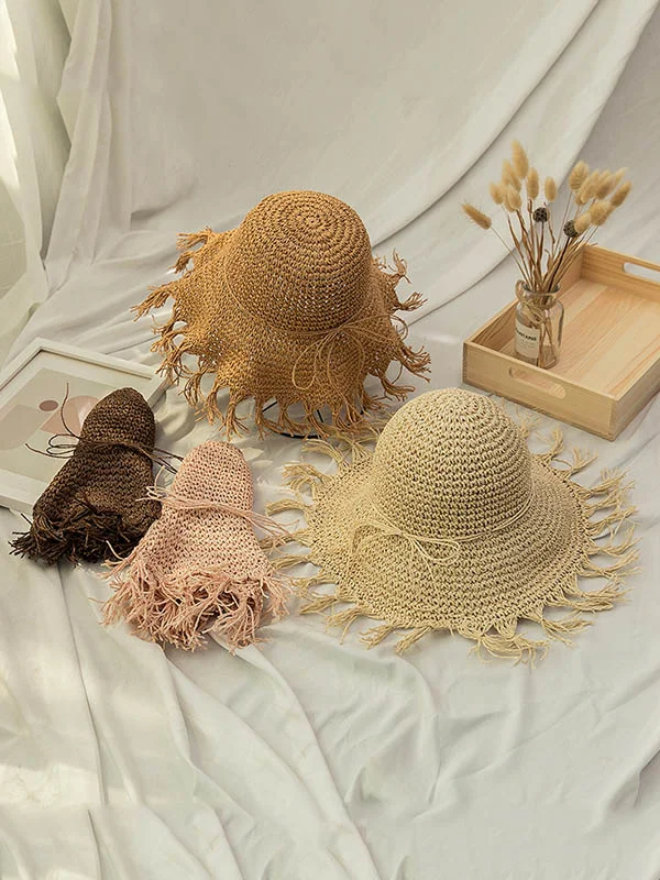 Foldable Sunscreen Solid Color Straw Woven Tasseled Breathable Beach Hat