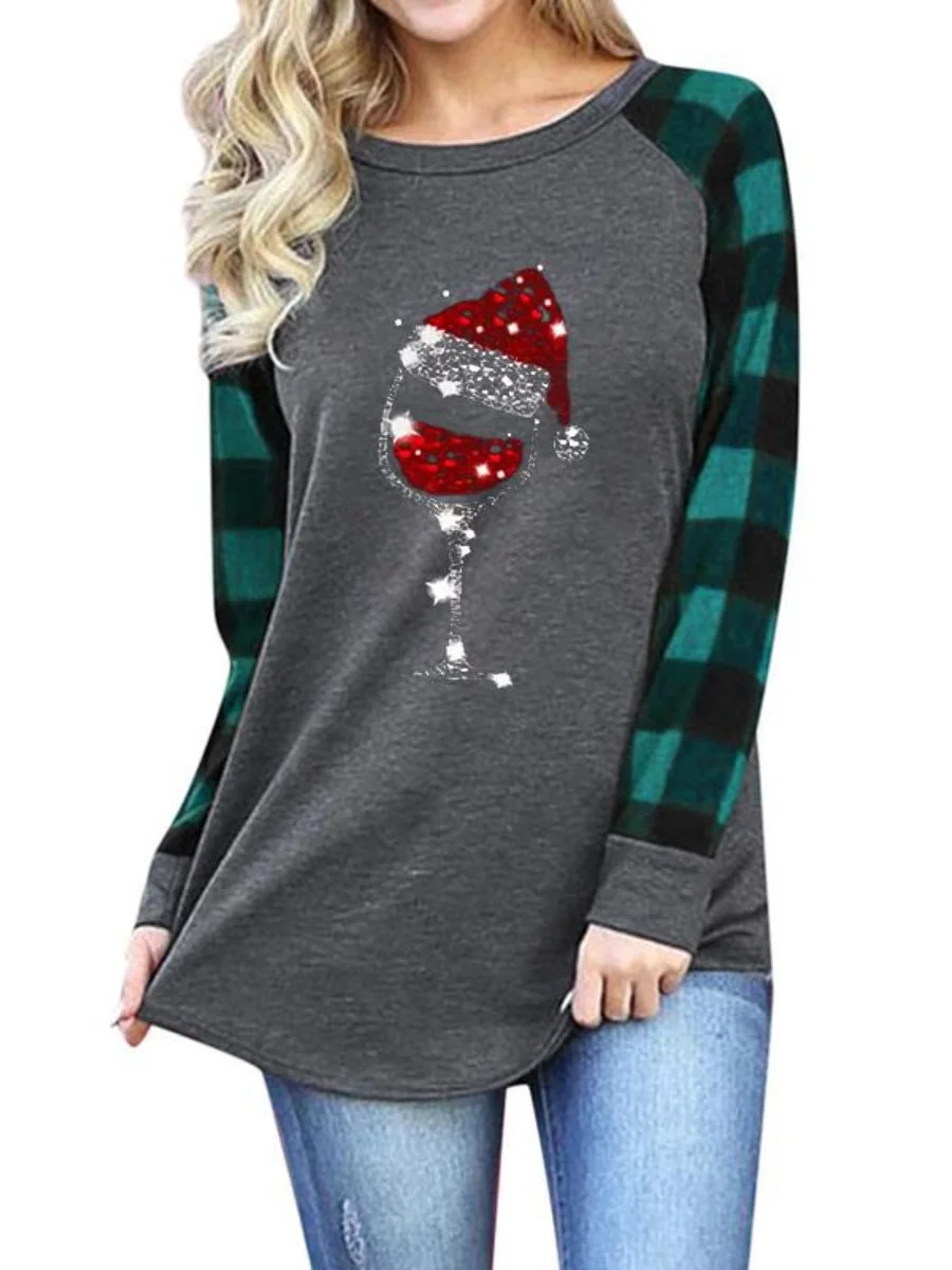 Women's Sweatshirts Christmas Hat Red Wine Glass Print Round Neck Tops