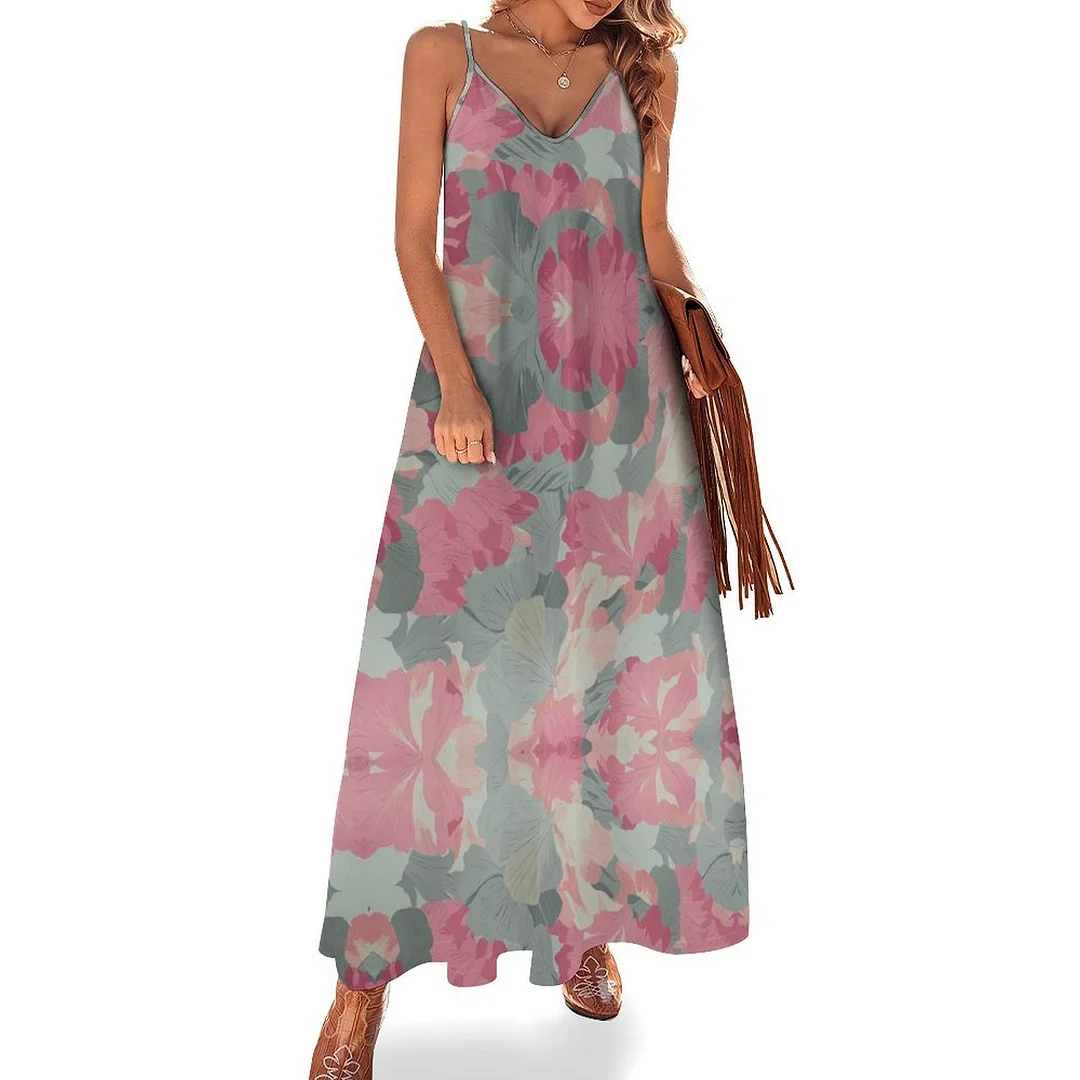 Style & Comfort for Mature Women Plus Size Printed Sling Casual Women Maxi Dress in Pattern Petals, Pink, Gray
