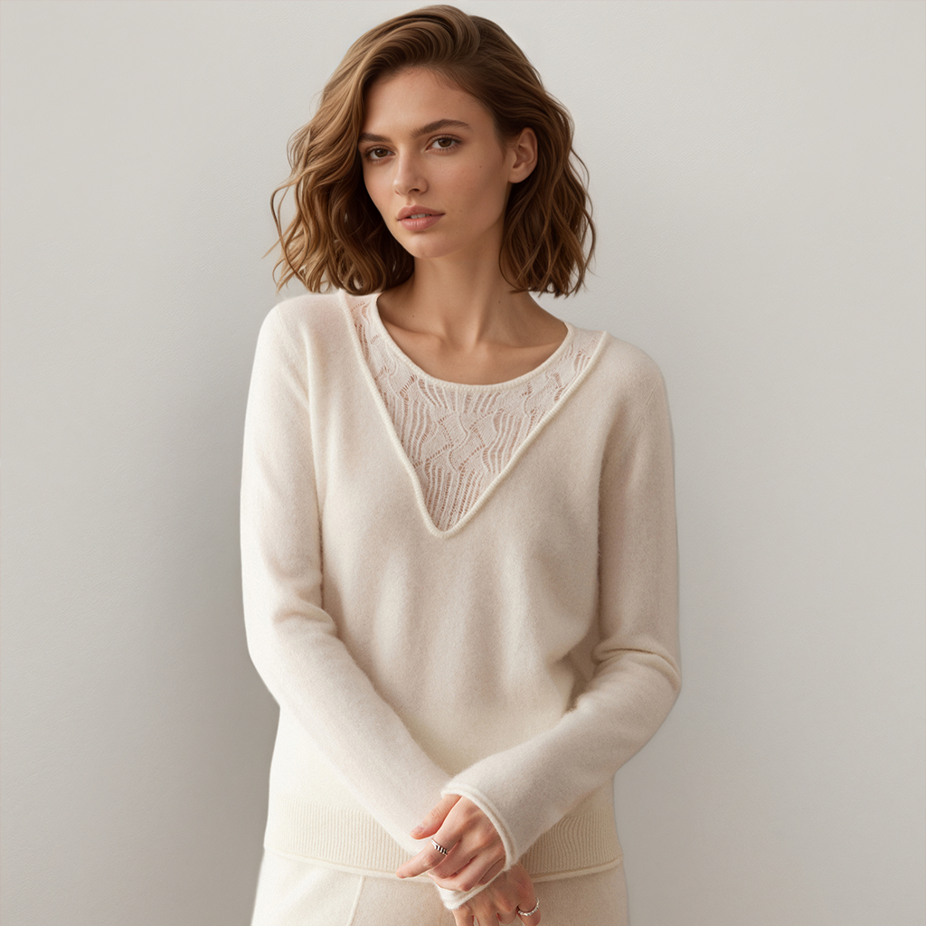 Women's V-Neck Cashmere Sweater with Lace Detailing REAL SILK LIFE