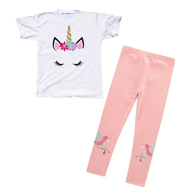 Girls Summer Clothes Set Unicorn Short Sleeve T-shirt+Pants 2PCS Outfits Kids Cartoon Print Cotton Leggings Children Clothing