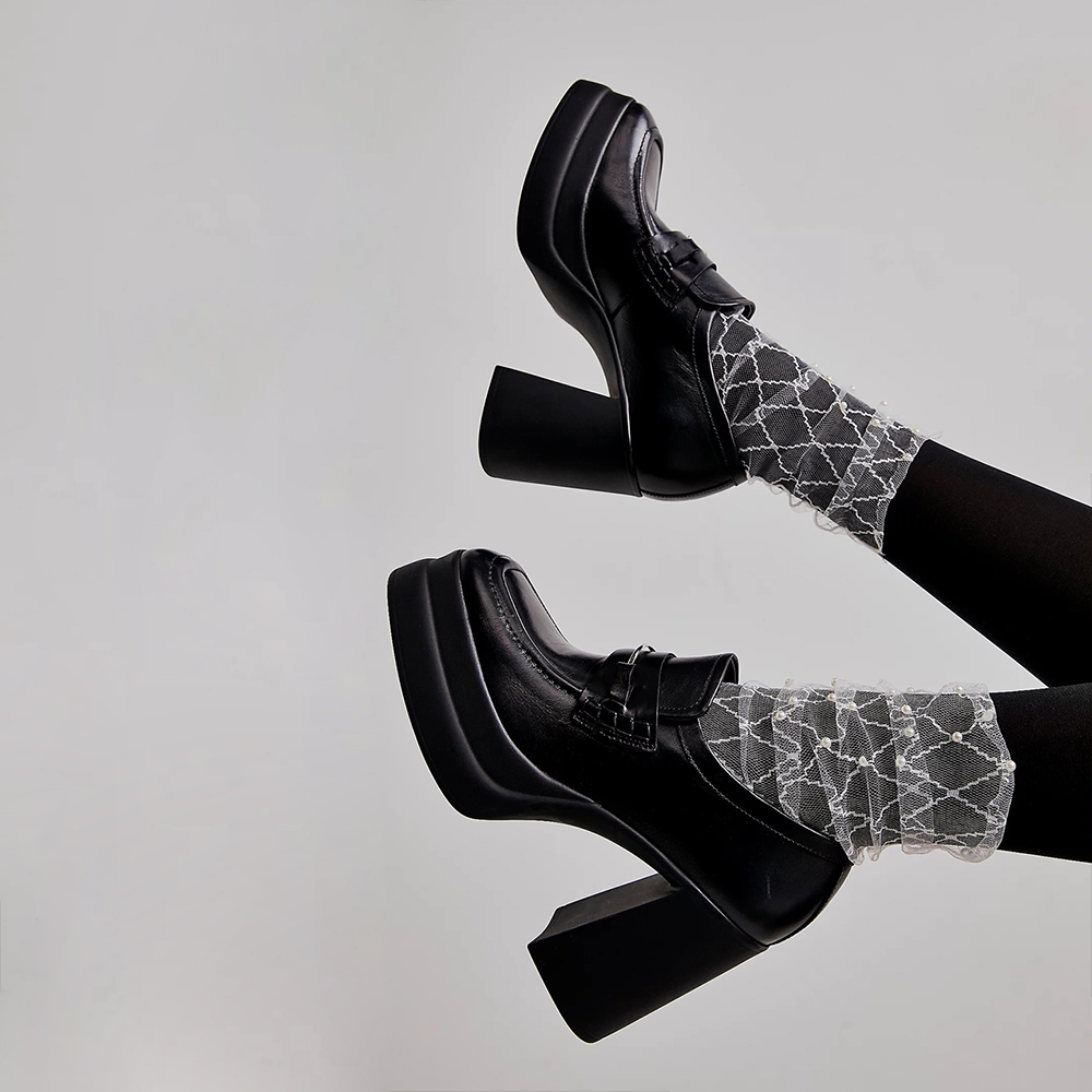Black Square Toe Platform Chunky Heel Commuter Oxford Shoes