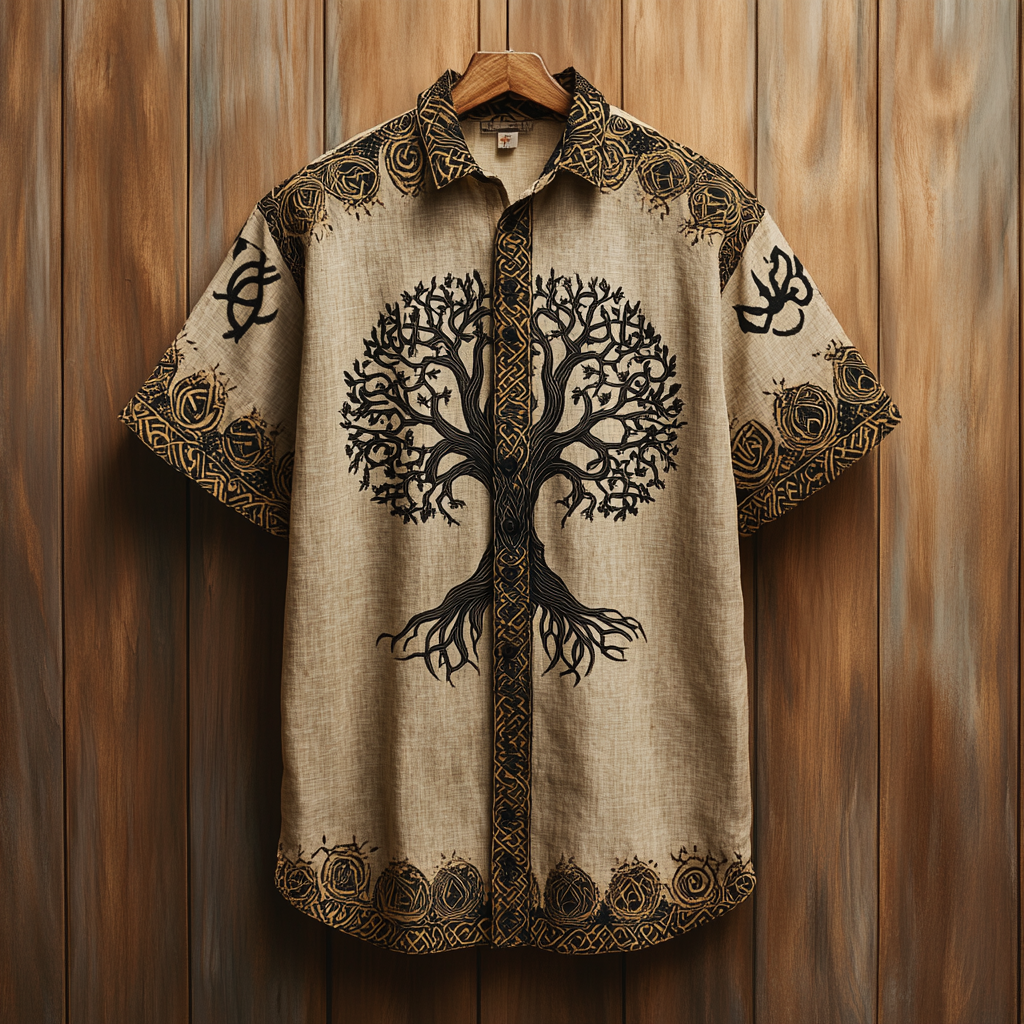 Viking Mystery Tree Of Life Tribal Art Men's Linen Shirt / Rvogue / Rvogue