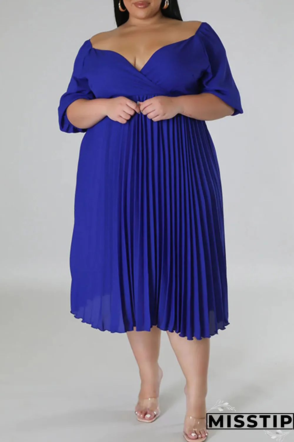 White Casual Solid Patchwork Fold V Neck Straight Plus Size Dresses