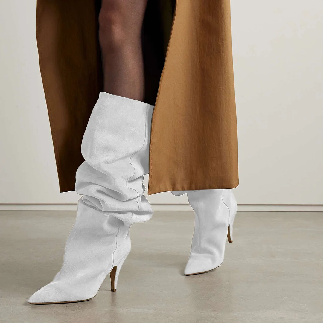 Ivory Faux Suede Pointed Toe Silhouette Boots with Stiletto Heel
