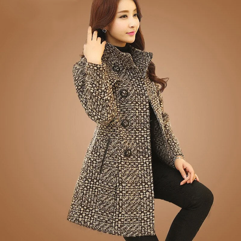 2020 New Women Wool Blends Coat Winter Autumn Fashion Elegant Mother High Quality Plaid Slim Long Tweed Woolen Outerwear Female