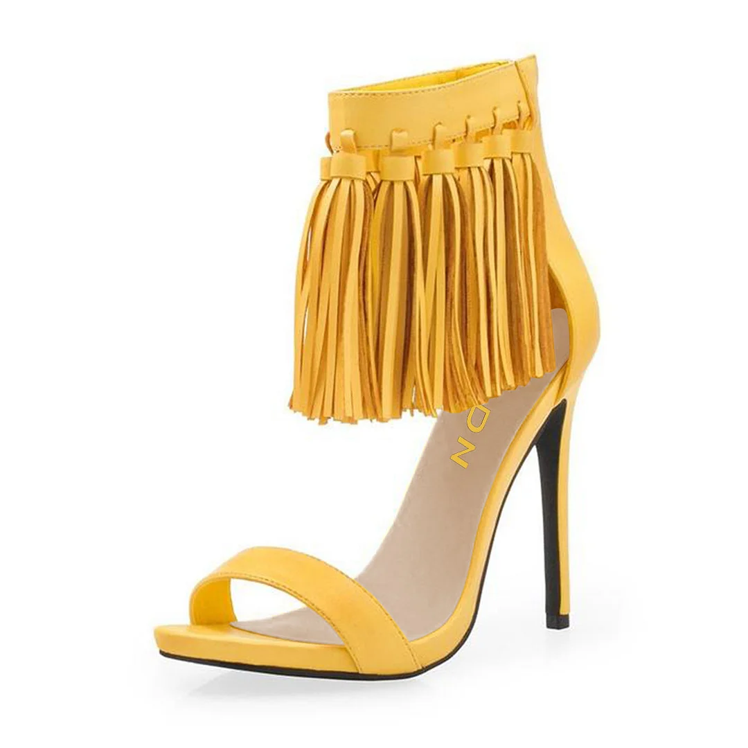 Yellow Open Toe Zipper Stiletto Heeled Sandals with Tassels