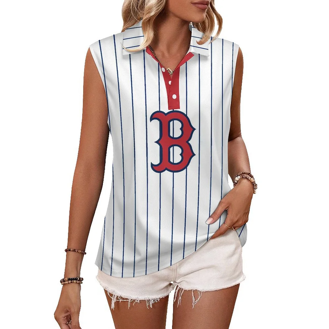 V-neck Sleeveless Casual POLO Shirt Tank Top for Women Printed with Pattern Striped, Blue, Red
