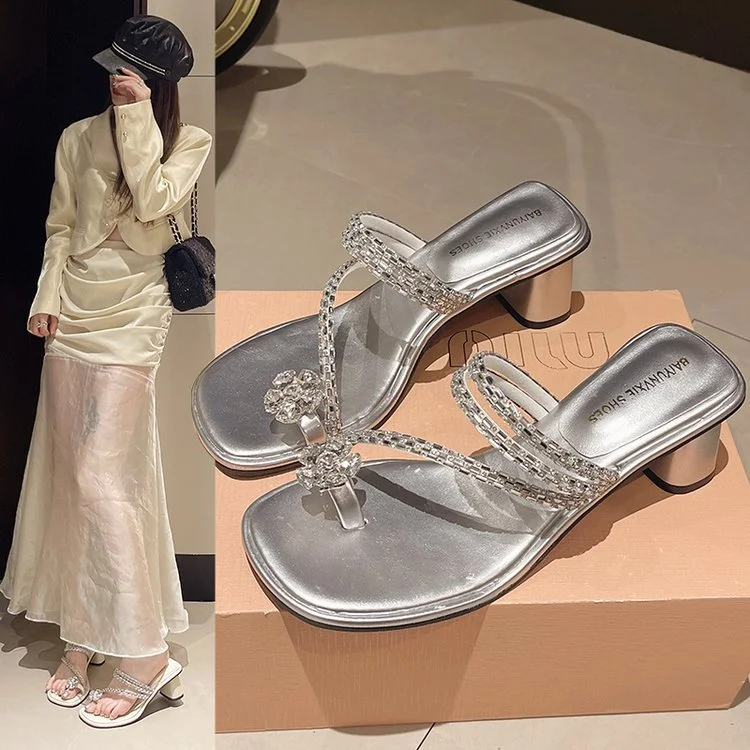 Wongn Wongn Summer New Fashion Rhinestone Flowers With Thick Heel Cool Drag High Heel Slippers Women's Shoes