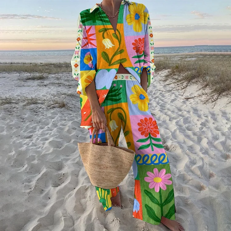 Women's Flower Splicing Printed Shirt & Pants Two-piece Set