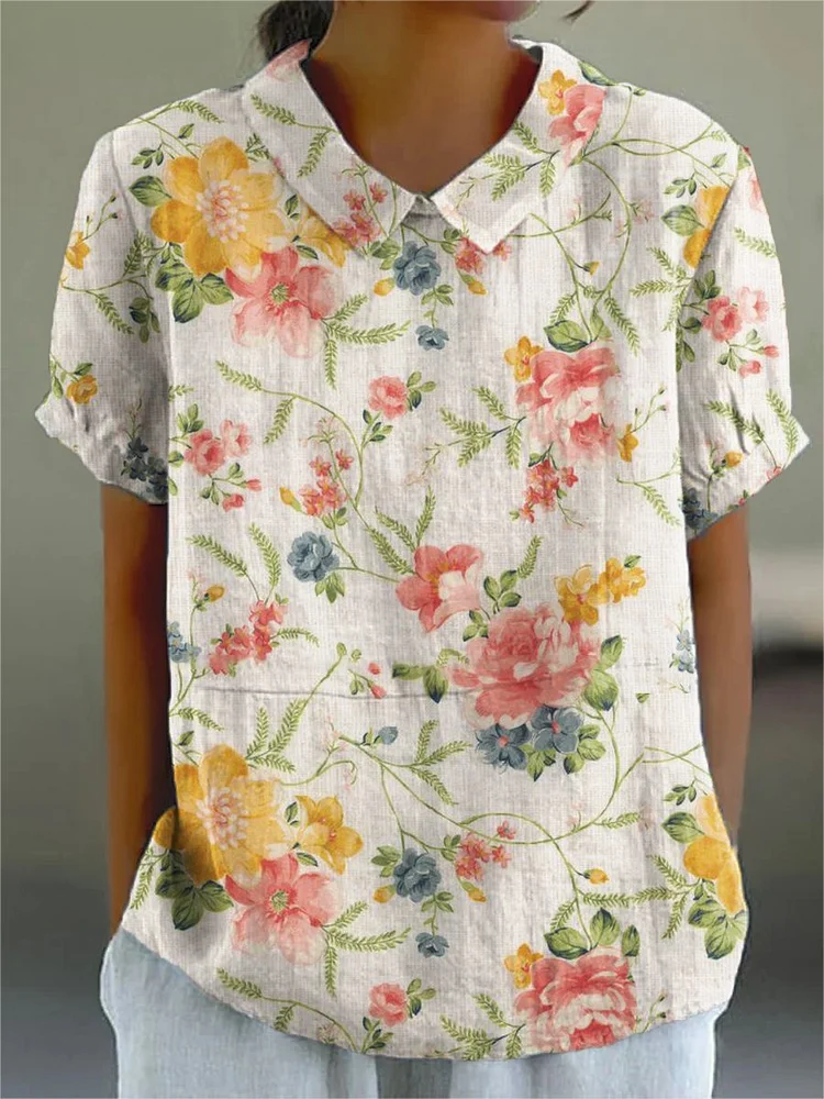 Women's  Flower  Art Print Casual Cotton And Linen Shirt