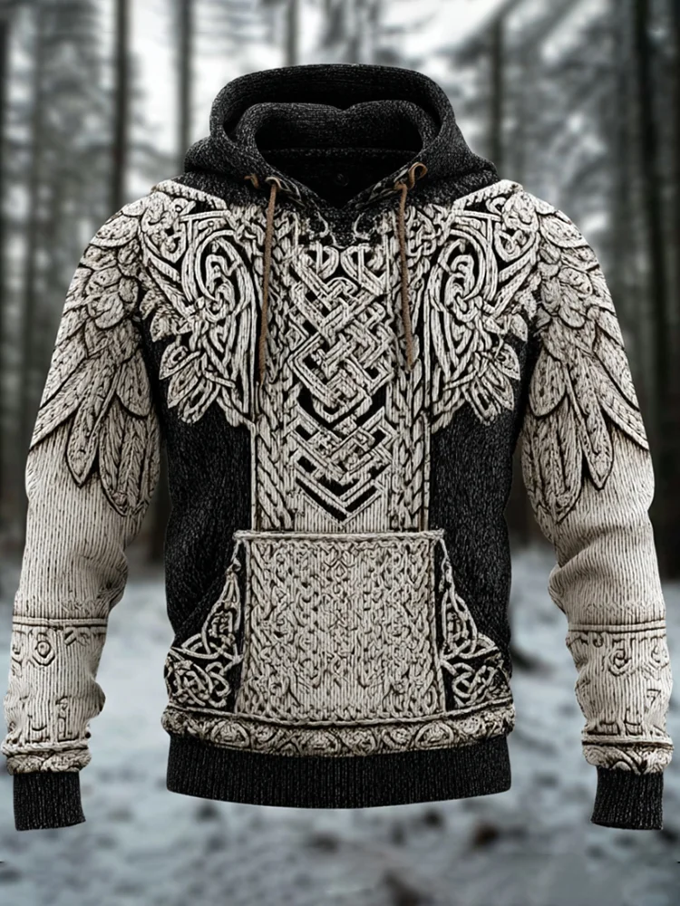 Men's Viking Style Viking Wing Knit Colorblocked Hoodie Sweater