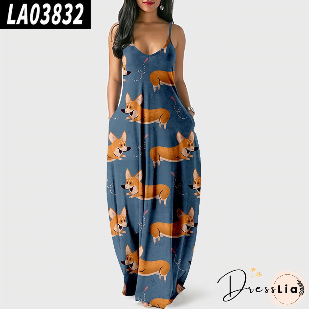 Summer Colorful Suspender Skirt Creative Loose Waist Digital Printed Dress