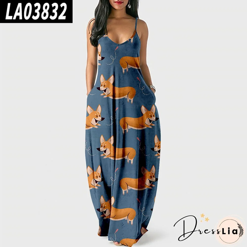 Summer Colorful Suspender Skirt Creative Loose Waist Digital Printed Dress