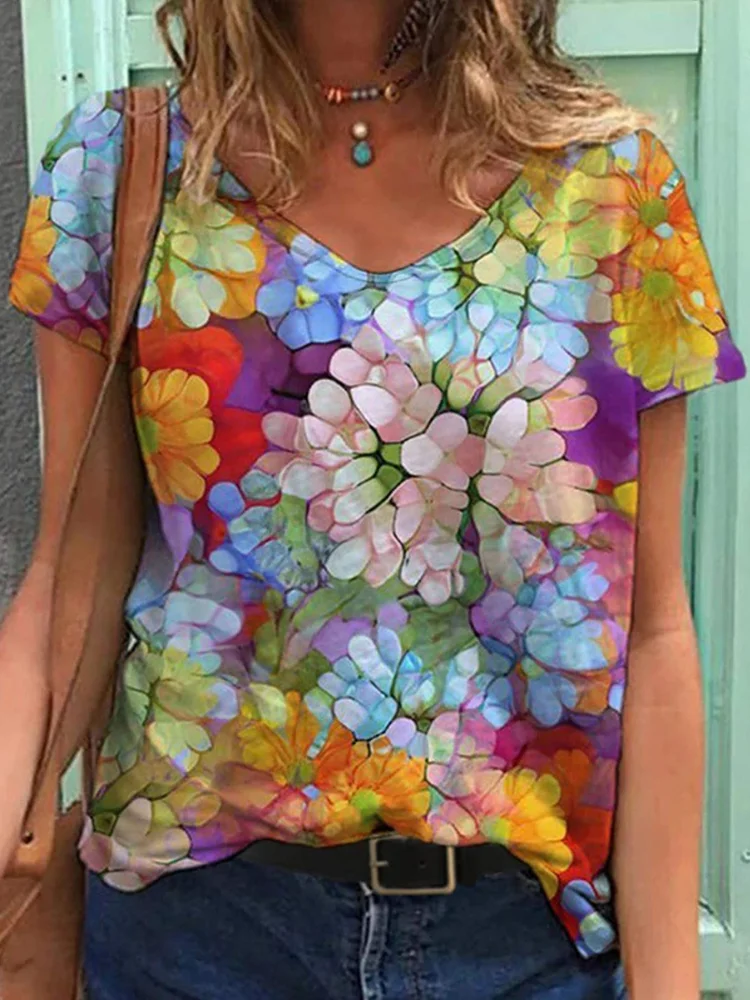 Fancy Floral Print V Neck T Shirt