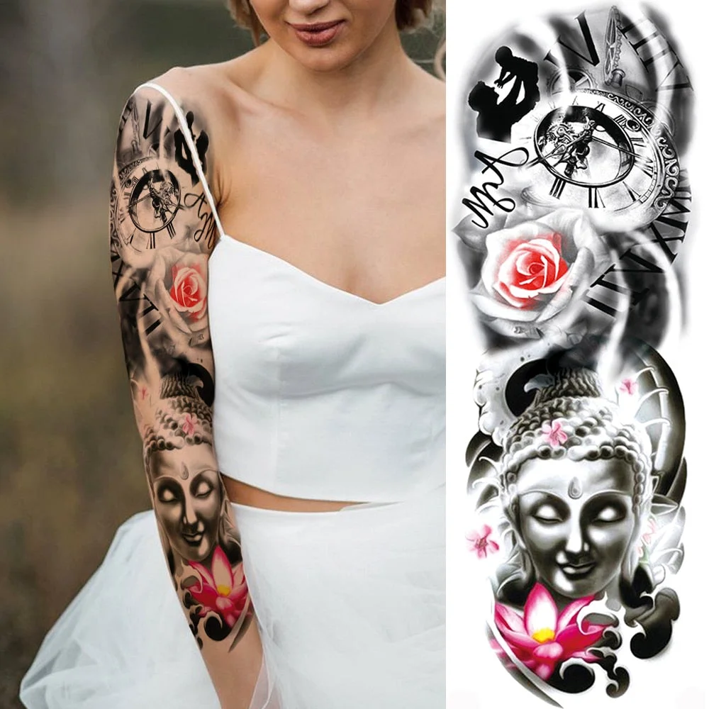 For Men Women Body Art Full Arm Sleeve Black Flower Tatoo Water Transfer Fake Tattoo Stickers Large Compass Temporary Tattoos