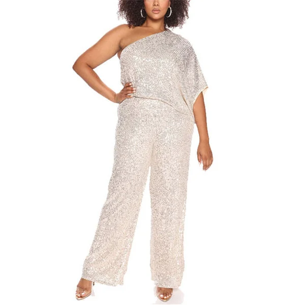 Sexy One Shoulder Sequins Shining Jumpsuits Cold Shoulder Tops Wide Leg Jumpsuits