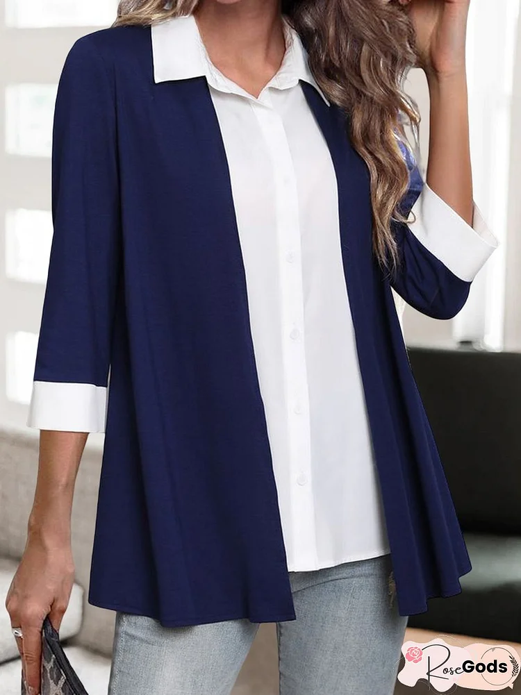 Color Block Loose Shawl Collar Buttoned T-Shirt Fake Two Piece