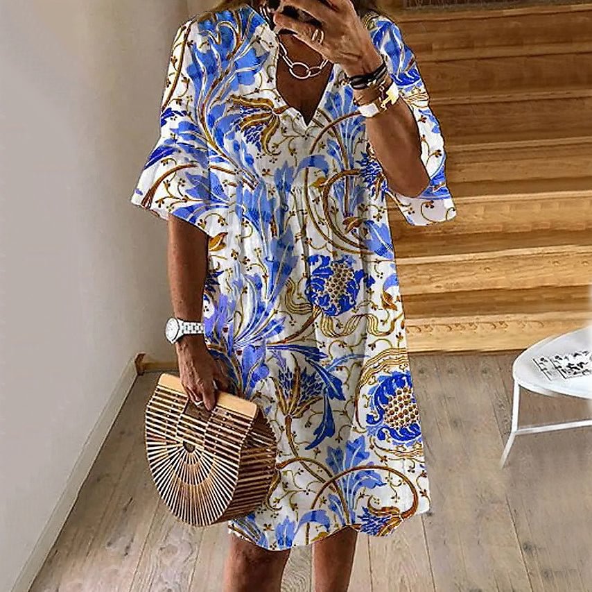 Blue Short Sleeve Print Mini Dress