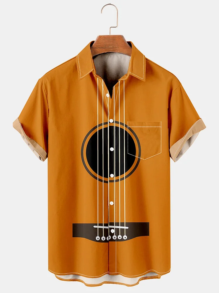 Mens Music Guitar Casual Breathable Chest Pocket Short Sleeve Hawaiian Shirts