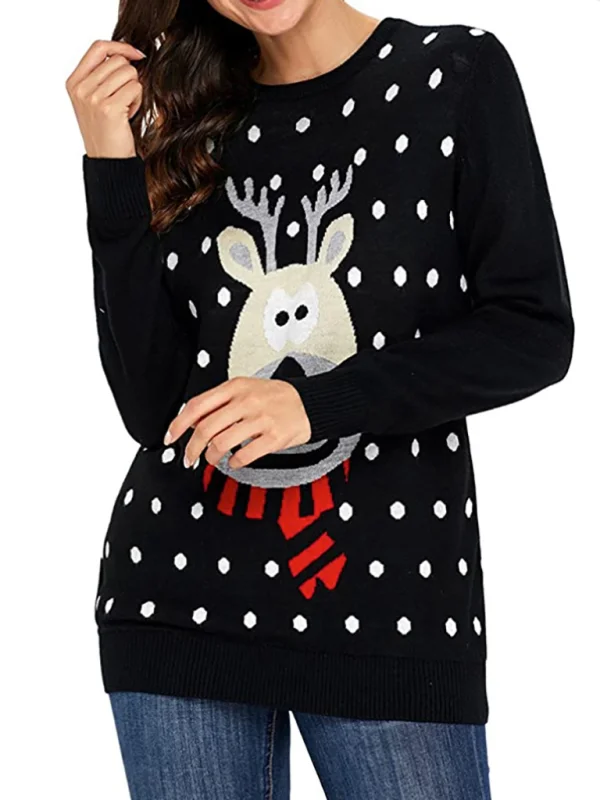 Women's Christmas Crew Neck Long Sleeve Sweater Flusfy