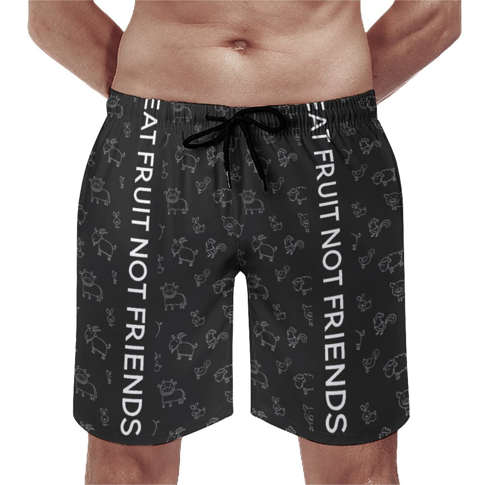 Vegan Eat Fruit Not Friends Black Cartoon Animals Elegant Men's Swim Trunks Summer Board Shorts Quick Dry Beach Short with Pockets