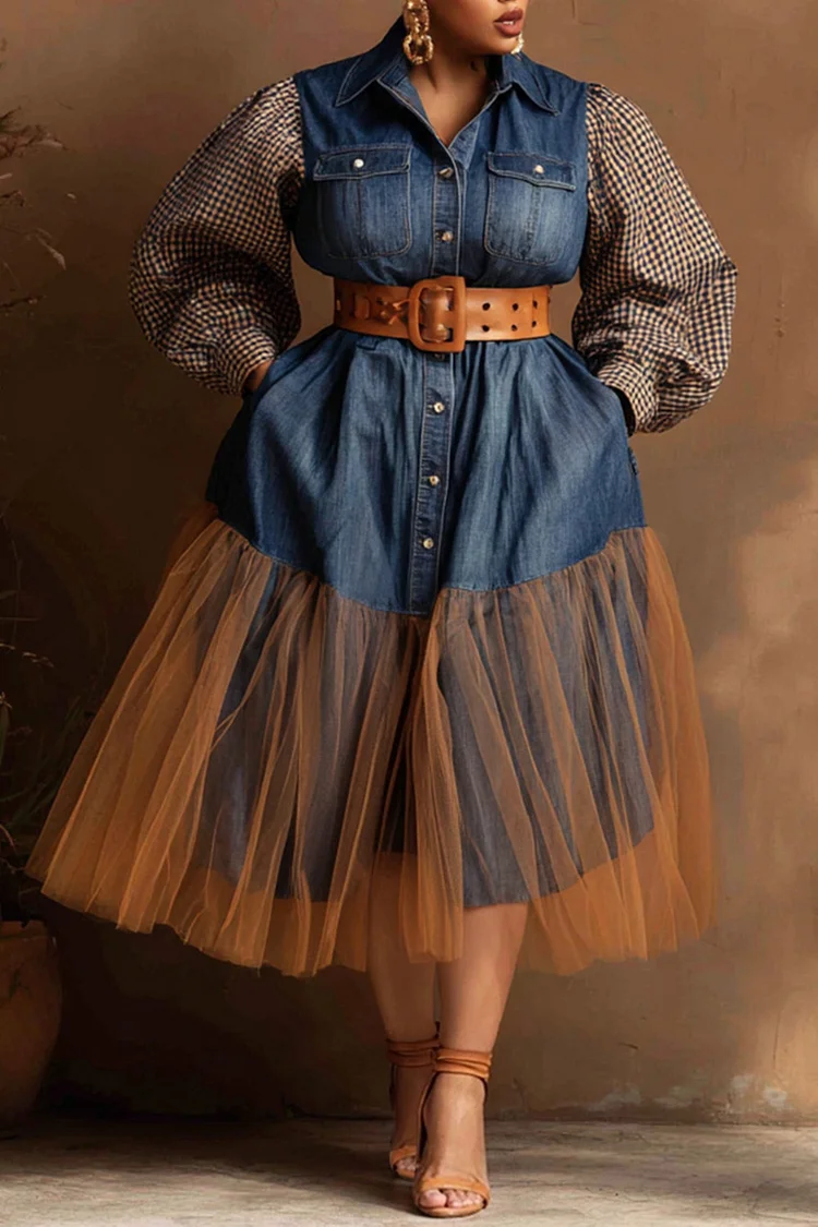 Xpluswear Design Plus Size Business Casual Blue Plaid Shirt Collar Lantern Sleeve Long Sleeve Pocket Casual Contrast Tulle Tencel Denim Midi Dresses [Pre-Order]