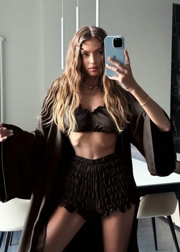 Satin 3-Piece Loungewear Set &ndash; Bralette, High-Waist Shorts & Long Robe
