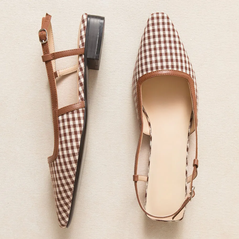 Brown & White Plaid Square Toe Slingback Flat Shoes for Women