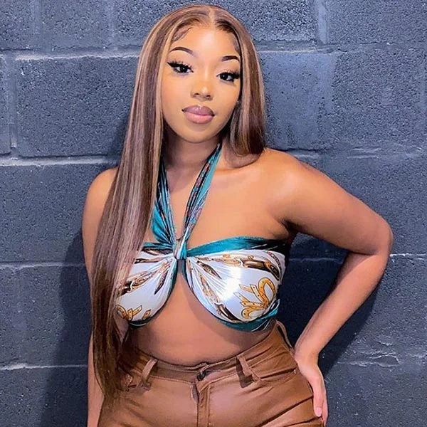 Junoda TL4/12 Highlight Wigs Brown and Blonde Piano Color Silky Straight Lace Front Wig