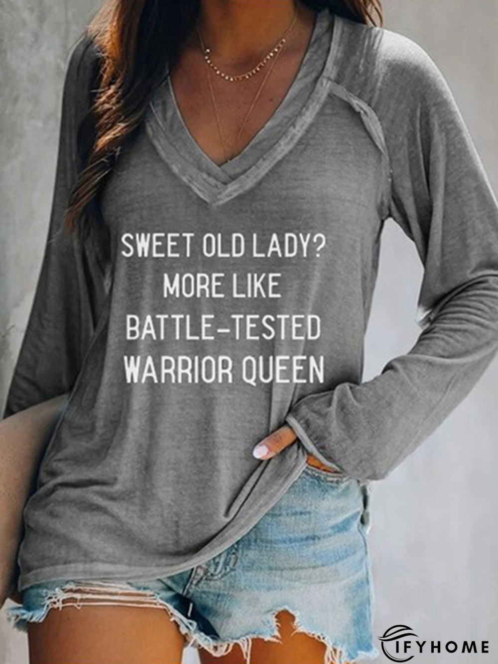 Letter Long Sleeve V-neck Casual Tunic T-Shirt | IFYHOME