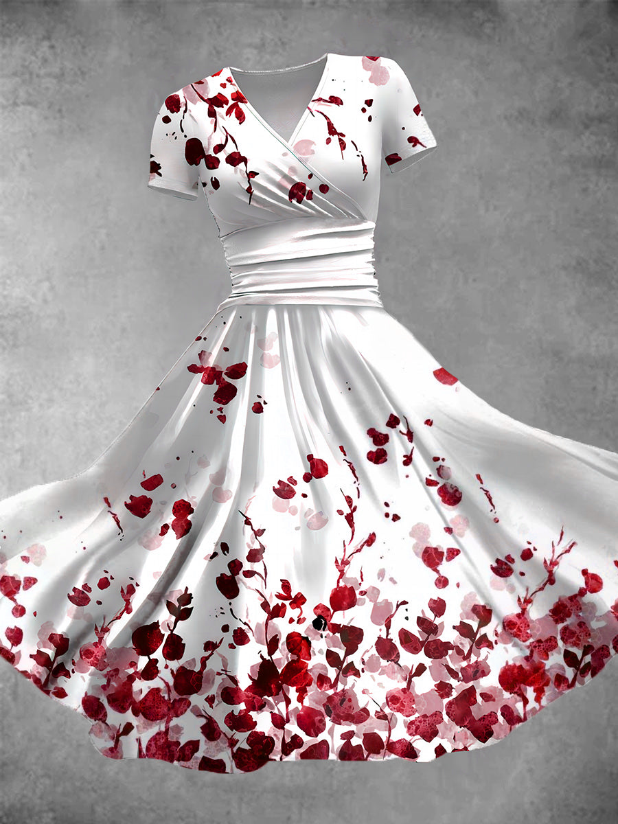 Floral Print V-Neck Short Sleeve Vintage Midi Dress