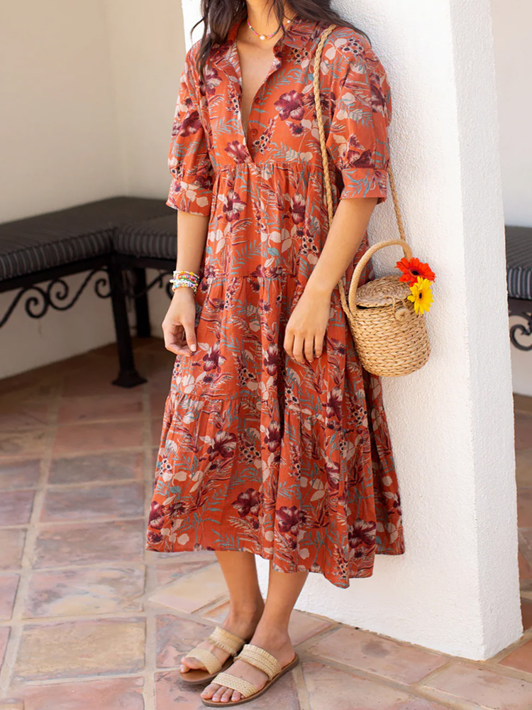 Comstylish Women's Casual Floral Print Cotton And Linen Dress