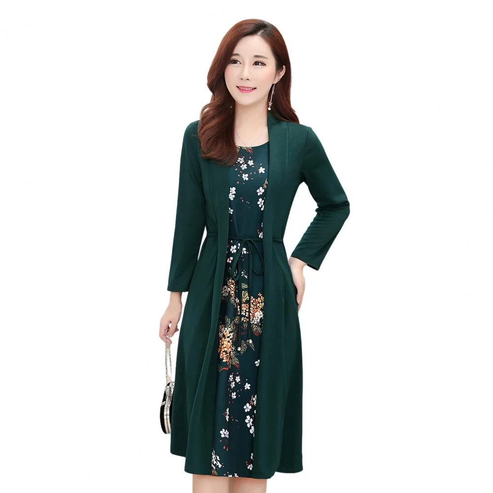 O-Neck Long Sleeve Lace-up Waist Tight Elegant Dress Flower Print Fake Two Pieces Cardigan Midi Dress Female Clothing