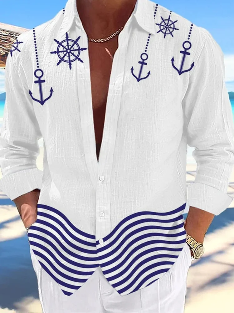 Men's Casual Hawaiian Ocean Anchor Print Lapel Shirt