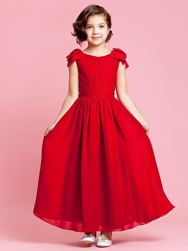 Dresseswow Sleeveless Jewel Neck  A-Line Flower Girl Dresses Ankle Length With Bow Buttons