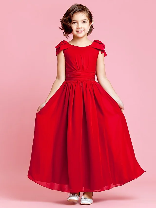 Hellodresses Sleeveless Jewel Neck  A-Line Flower Girl Dresses Ankle Length With Bow Buttons