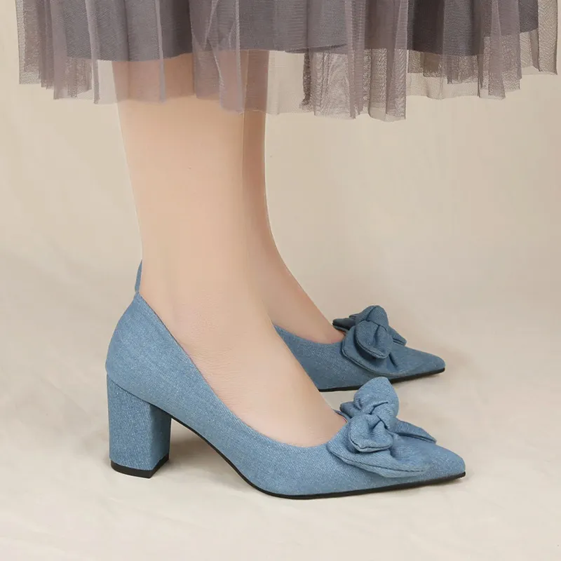 Breakj Breakj High Heels Ladies Fashion Single Shoes Coarse Heel Small Fragrant Wind New Bow Large Size Shoes 35-42