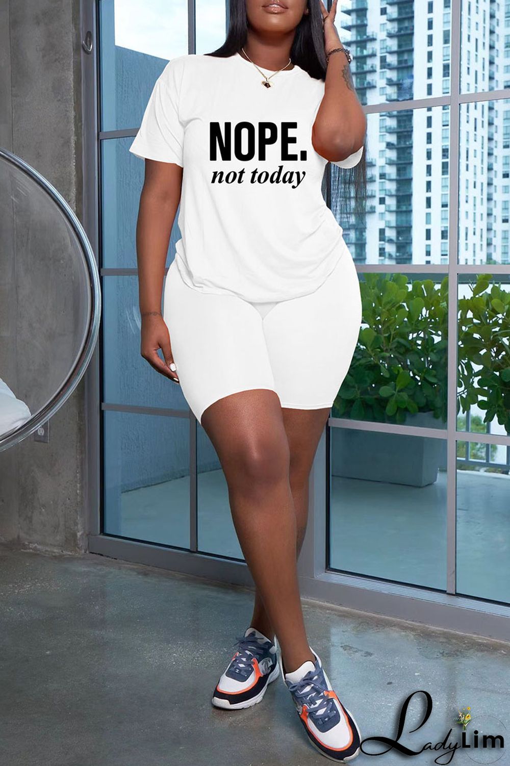 Grey Fashion Casual Letter Print Basic O Neck Short Sleeve Two Pieces