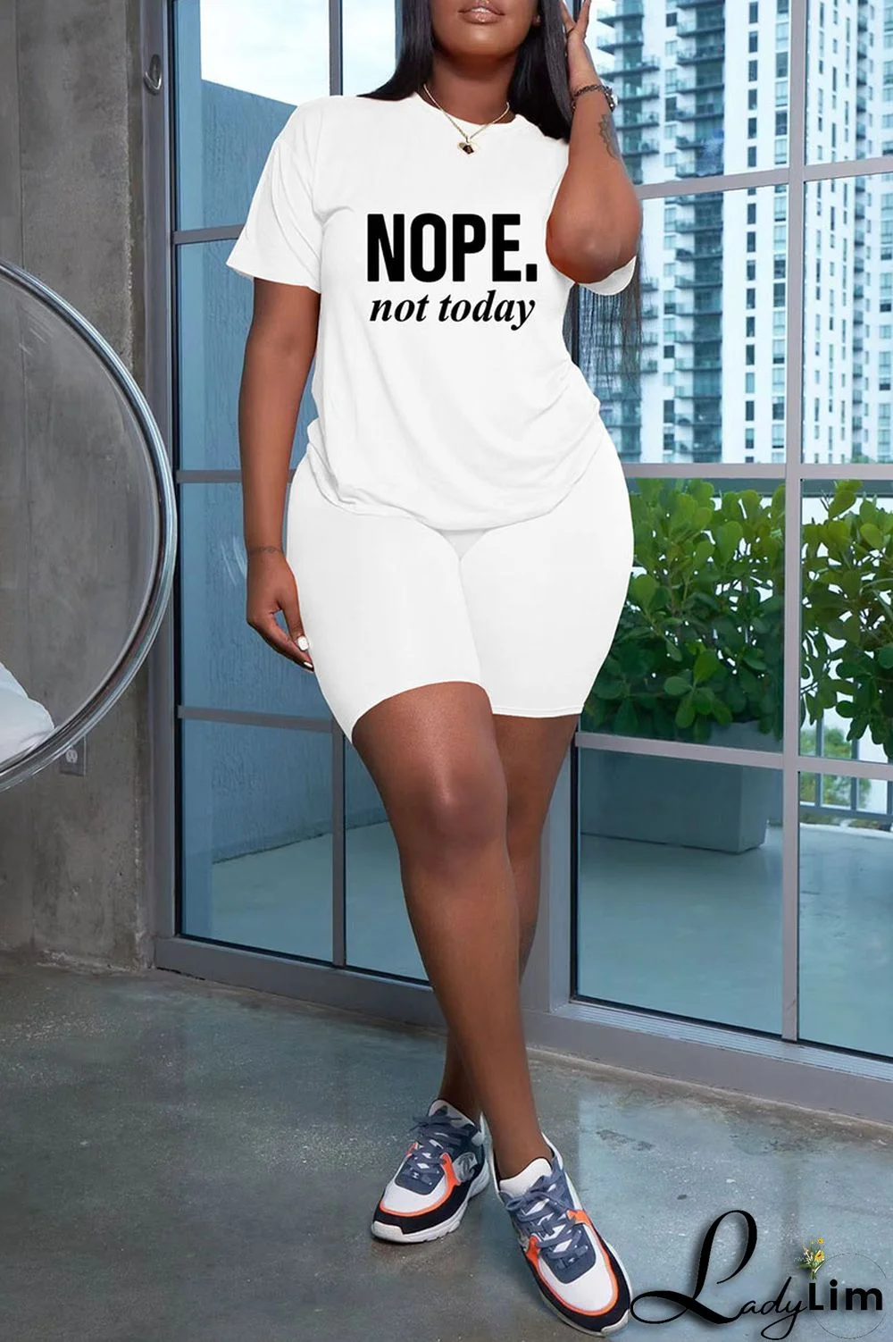 Grey Fashion Casual Letter Print Basic O Neck Short Sleeve Two Pieces