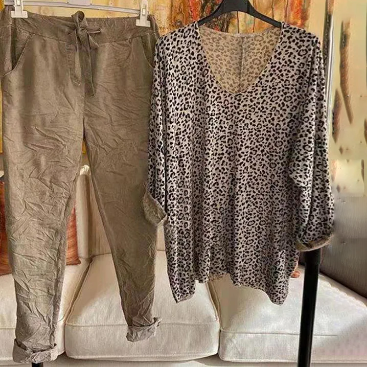 Casual Loose Leopard Print Two Piece Set