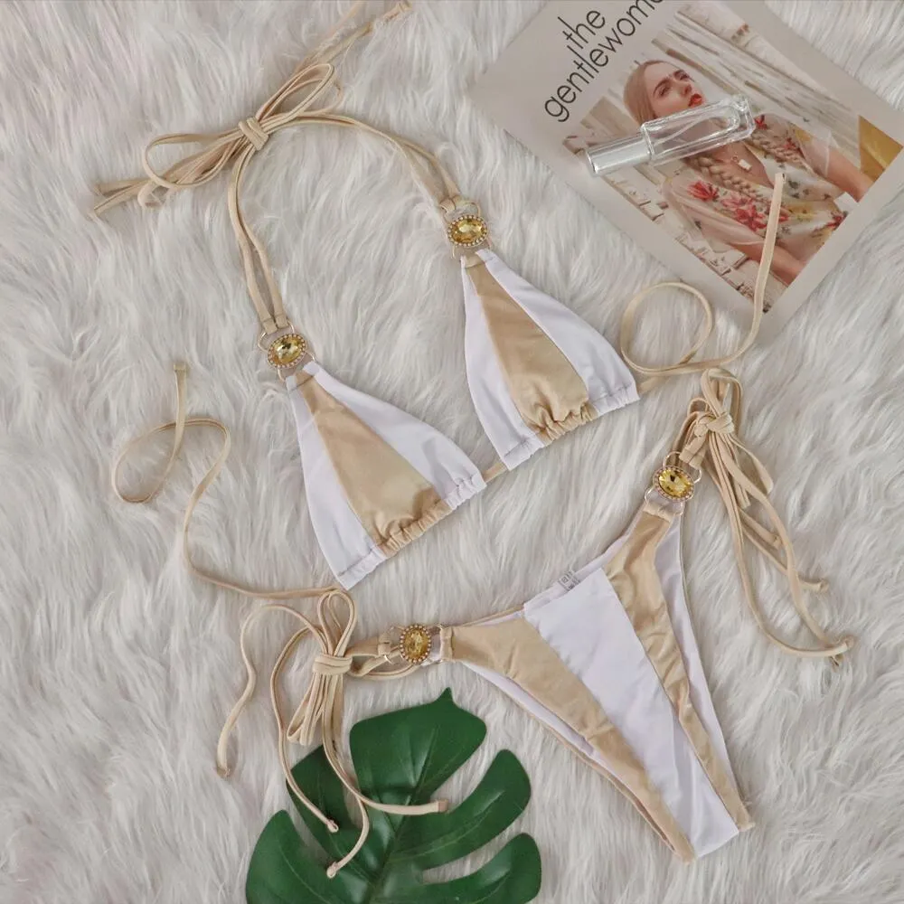 Uveng Uveng Sexy New Crystal Diamond Bikini Solid Color Patchwork Belt Swimsuit Vacation Split Women's Swimsuit