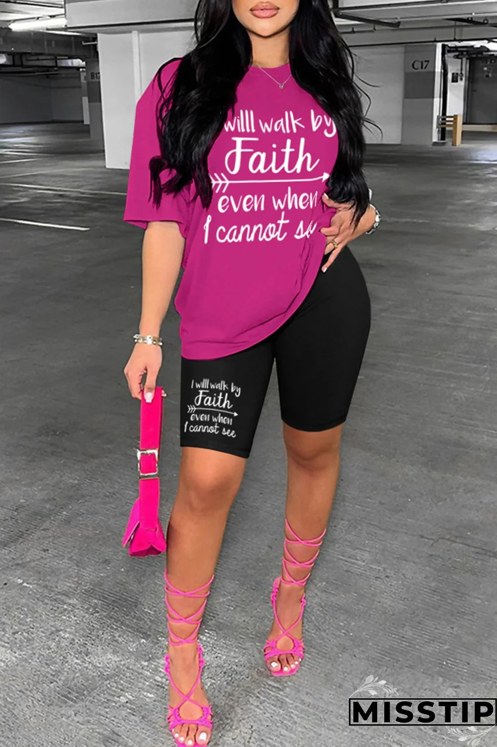 Rose Red Casual Letter Print Basic O Neck Short Sleeve Two Pieces