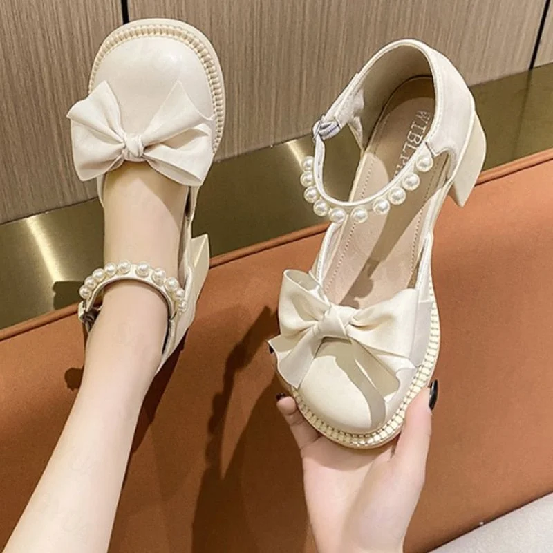 Vstacam Women Lolita Thick Mary Janes High Heels Shoes Bow Pumps Summer Sandals 2023 New Hot Sale Trend String Bead Women Shoes